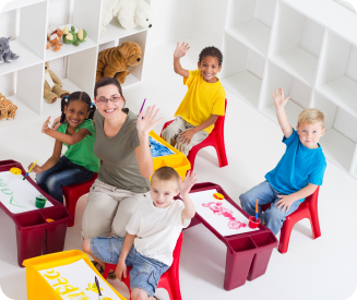 Teacher with kids in colourful seats