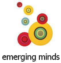 A collection of multicoloured circles, like LP records. The circles are in reds, yellows, and greens. Underneath is the text "emerging minds"